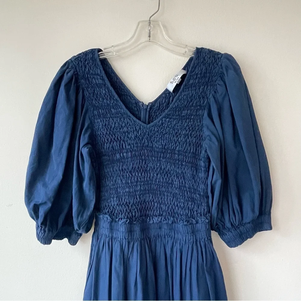 SEA NEW YORK New York Navy Blue Smocked Mini Dress Puff Sleeve 100% Cotton‎ Sz 8